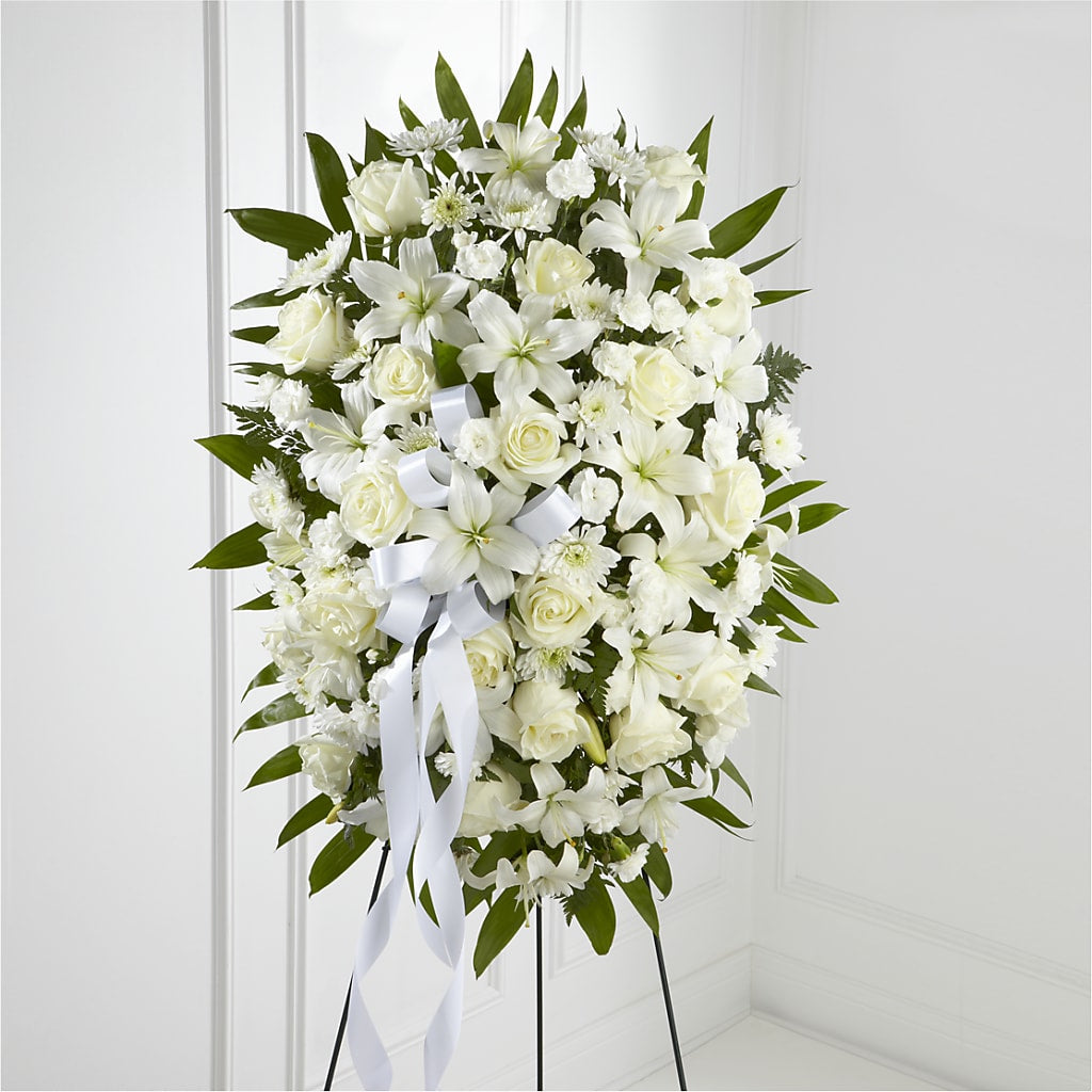 Exquisite Tribute Standing Spray-White Ribbon – Flowerorder.com, Tontitown AR