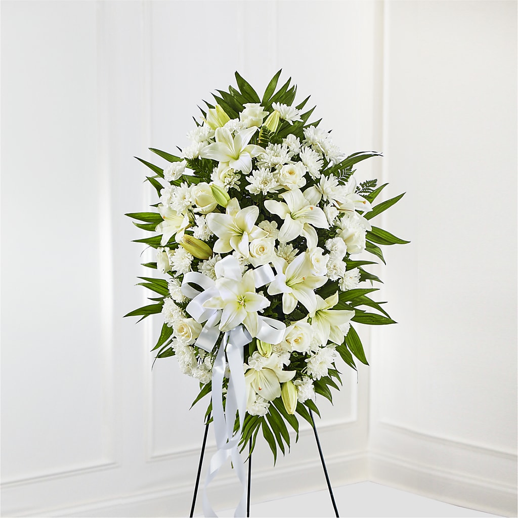 Exquisite Tribute Standing Spray-White Ribbon – Flowerorder.com, Tontitown AR